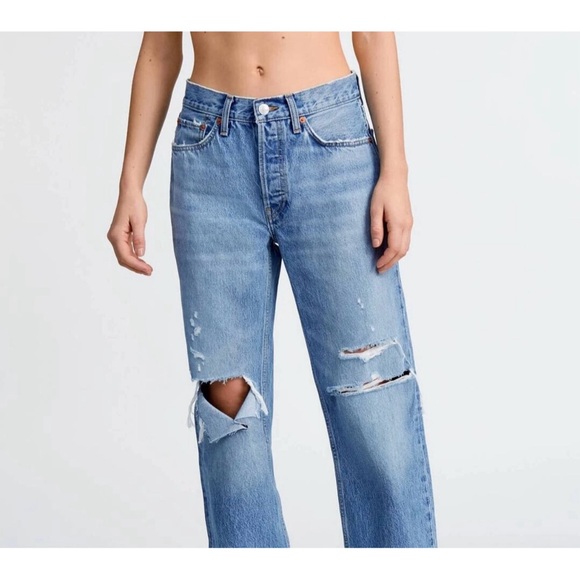 RE/DONE Women’s Blue 90s Comfy Jeans Size 31 Sunfaded Distroy Distressed Crop - Picture 1 of 8